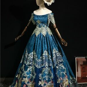 Elegant Blue Lace Evening Gown